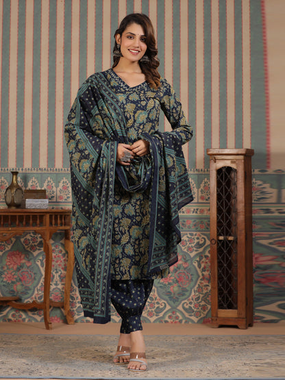 Straight Style Cotton Fabric Blue Color Kurta And Bottom With Dupatta