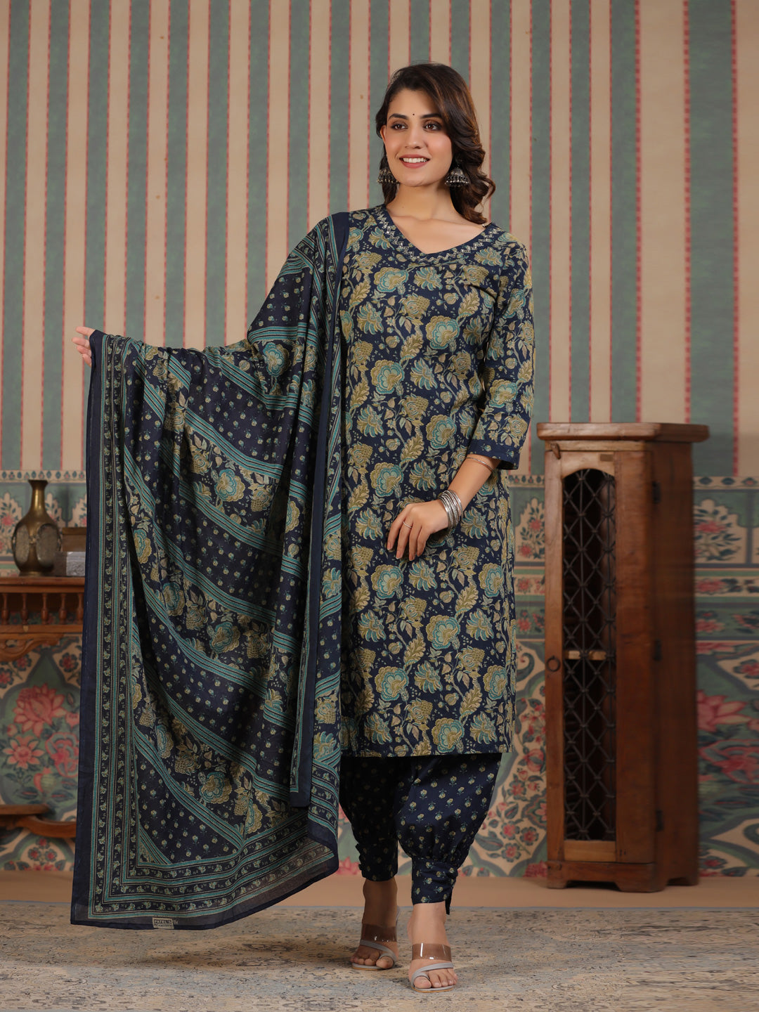 Straight Style Cotton Fabric Blue Color Kurta And Bottom With Dupatta