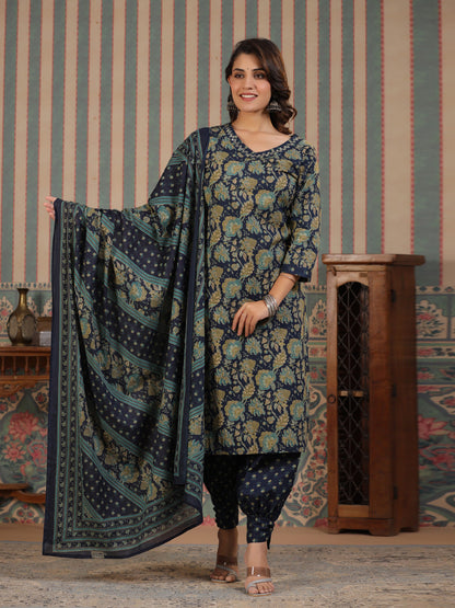 Straight Style Cotton Fabric Blue Color Kurta And Bottom With Dupatta