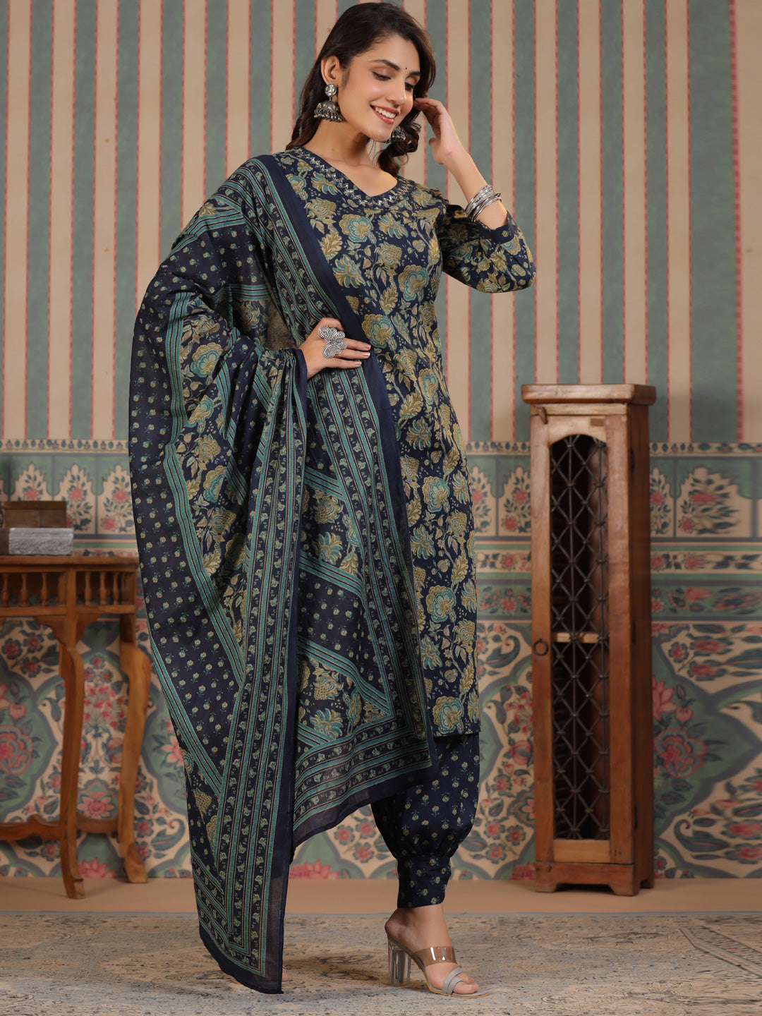 Straight Style Cotton Fabric Blue Color Kurta And Bottom With Dupatta
