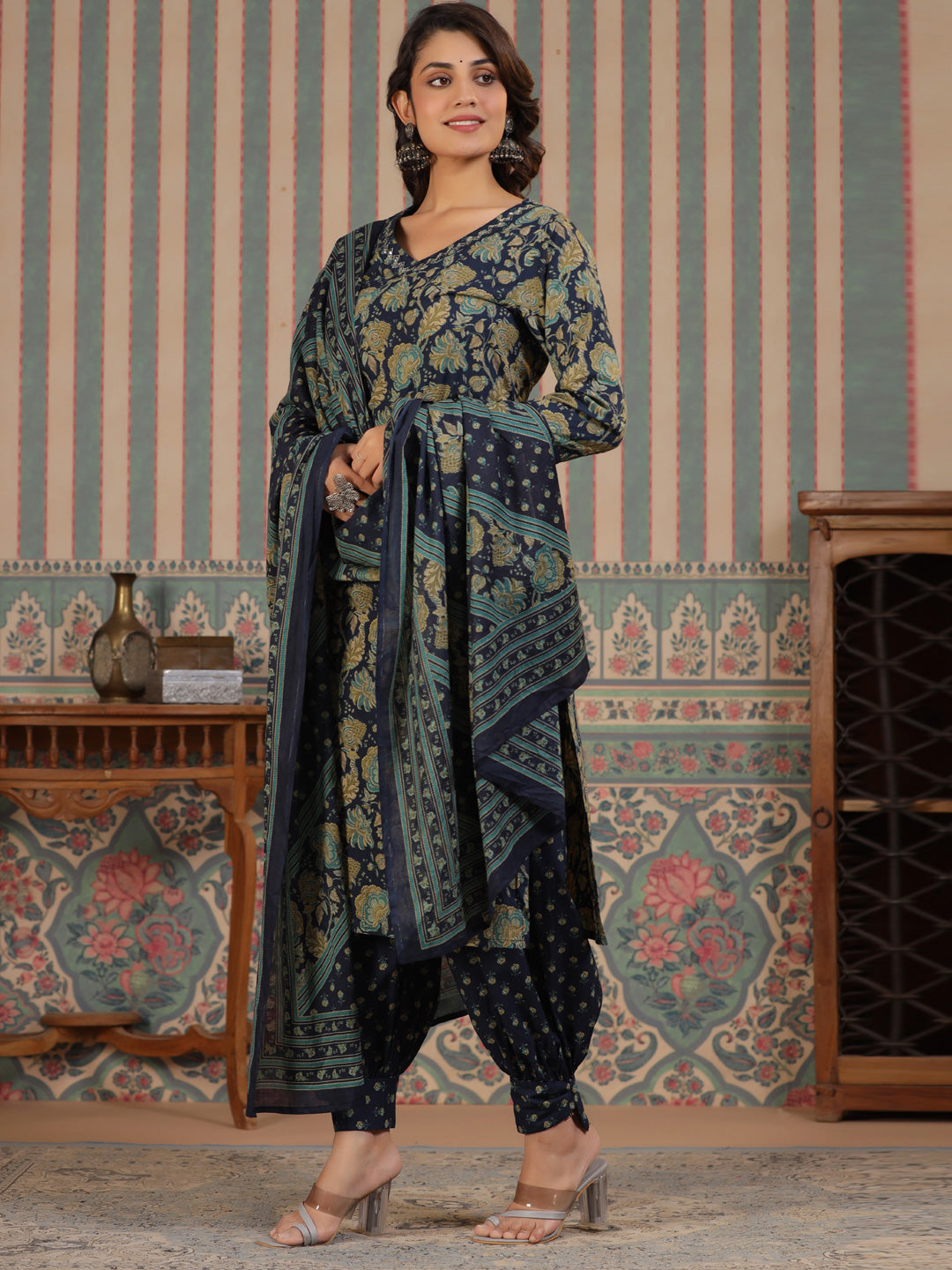 Straight Style Cotton Fabric Blue Color Kurta And Bottom With Dupatta