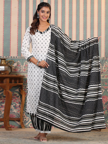 Straight Style Cotton Fabric White Color Kurta And Bottom With Dupatta