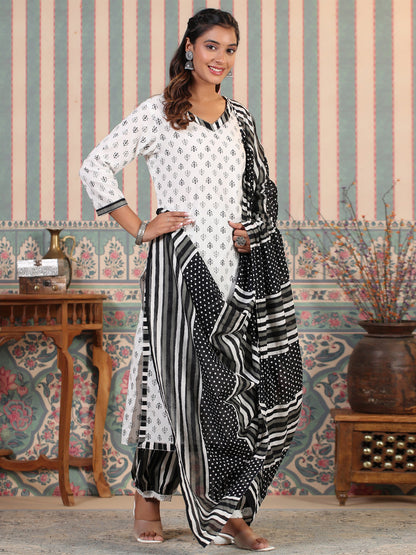 Straight Style Cotton Fabric White Color Kurta And Bottom With Dupatta