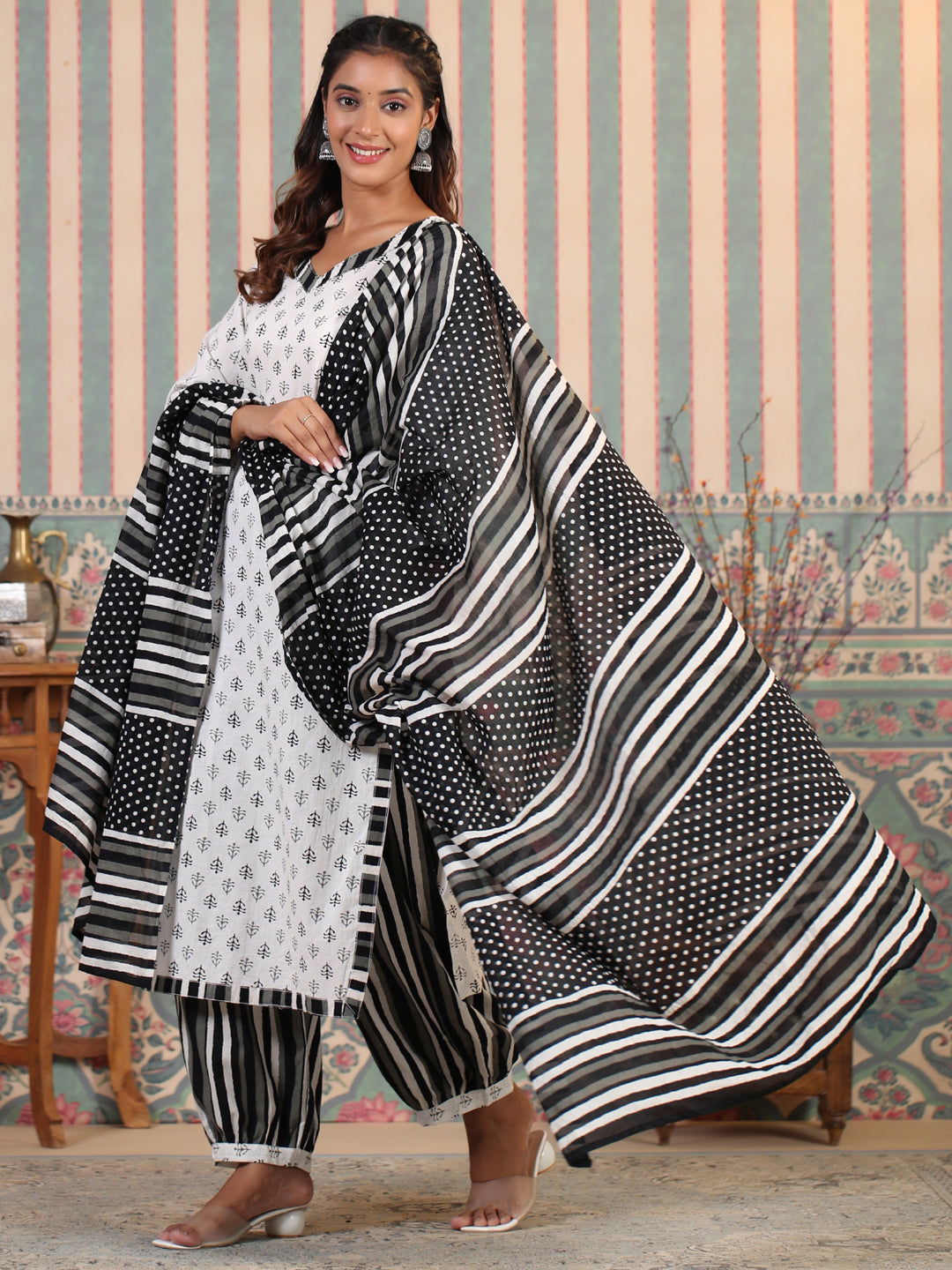 Straight Style Cotton Fabric White Color Kurta And Bottom With Dupatta
