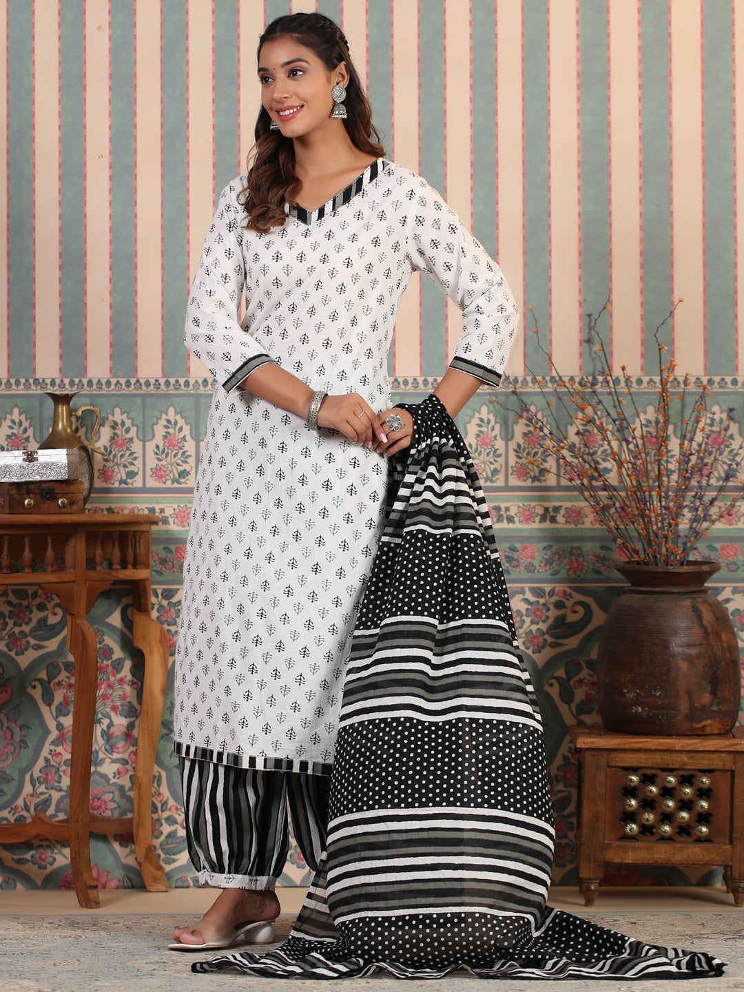 Straight Style Cotton Fabric White Color Kurta And Bottom With Dupatta