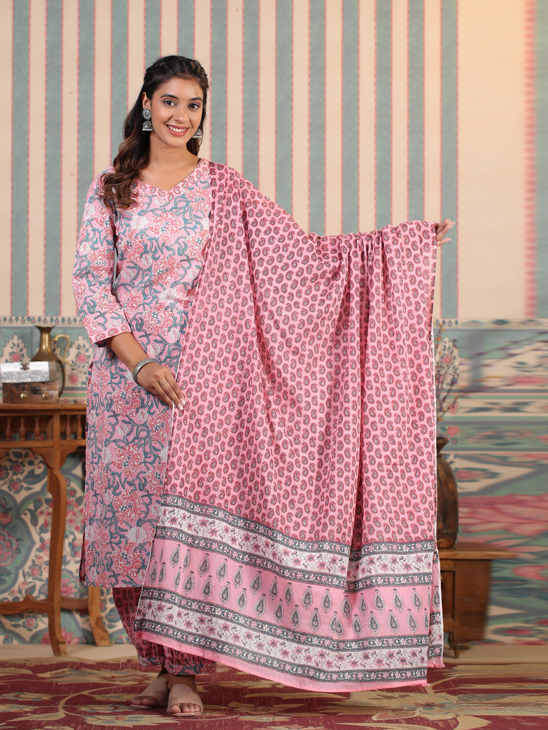 Straight Style Cotton Fabric Pink Color Kurta And Bottom With Dupatta