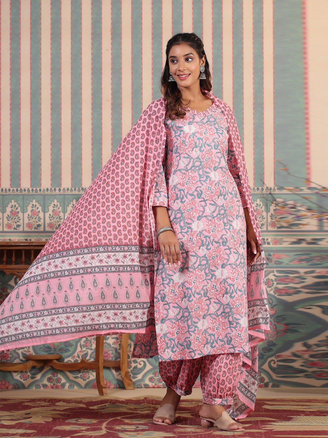 Straight Style Cotton Fabric Pink Color Kurta And Bottom With Dupatta