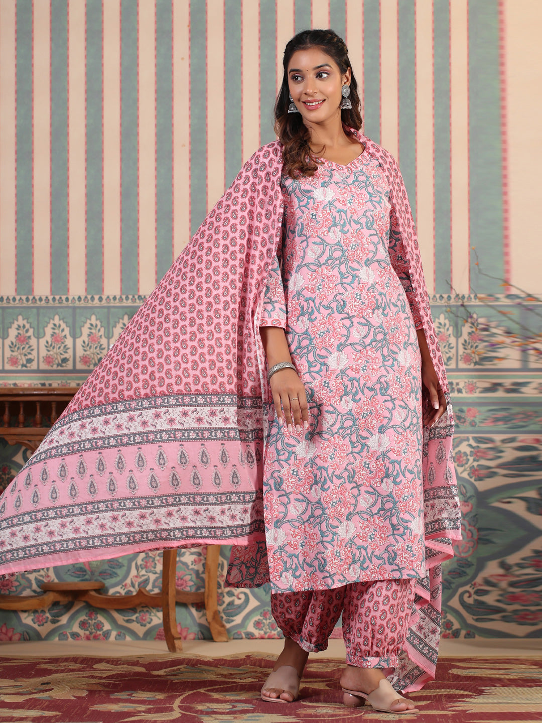 Straight Style Cotton Fabric Pink Color Kurta And Bottom With Dupatta