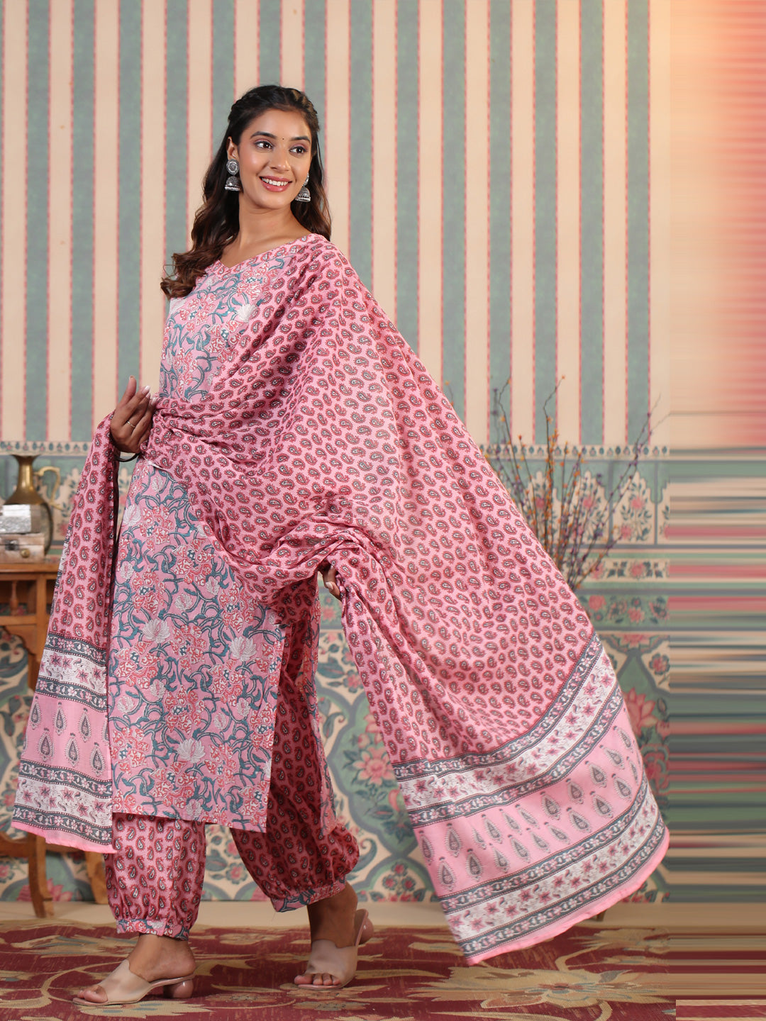 Straight Style Cotton Fabric Pink Color Kurta And Bottom With Dupatta