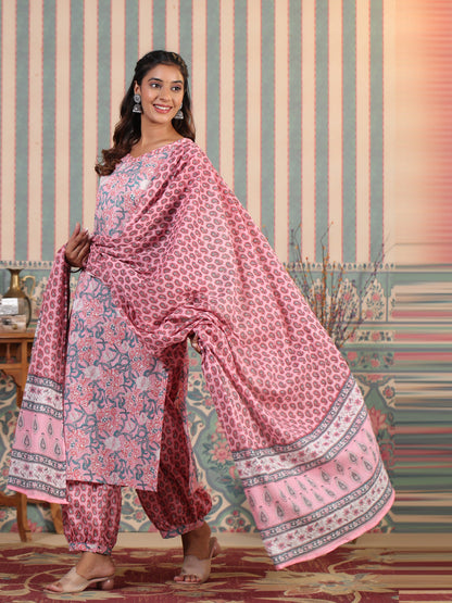 Straight Style Cotton Fabric Pink Color Kurta And Bottom With Dupatta