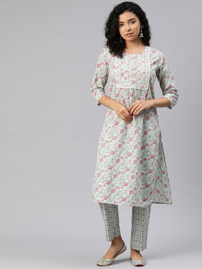Straight Style Cotton Fabric Green Color Kurta And Bottom