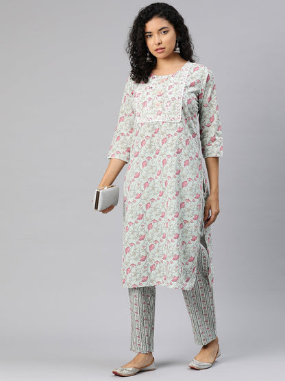 Straight Style Cotton Fabric Green Color Kurta And Bottom