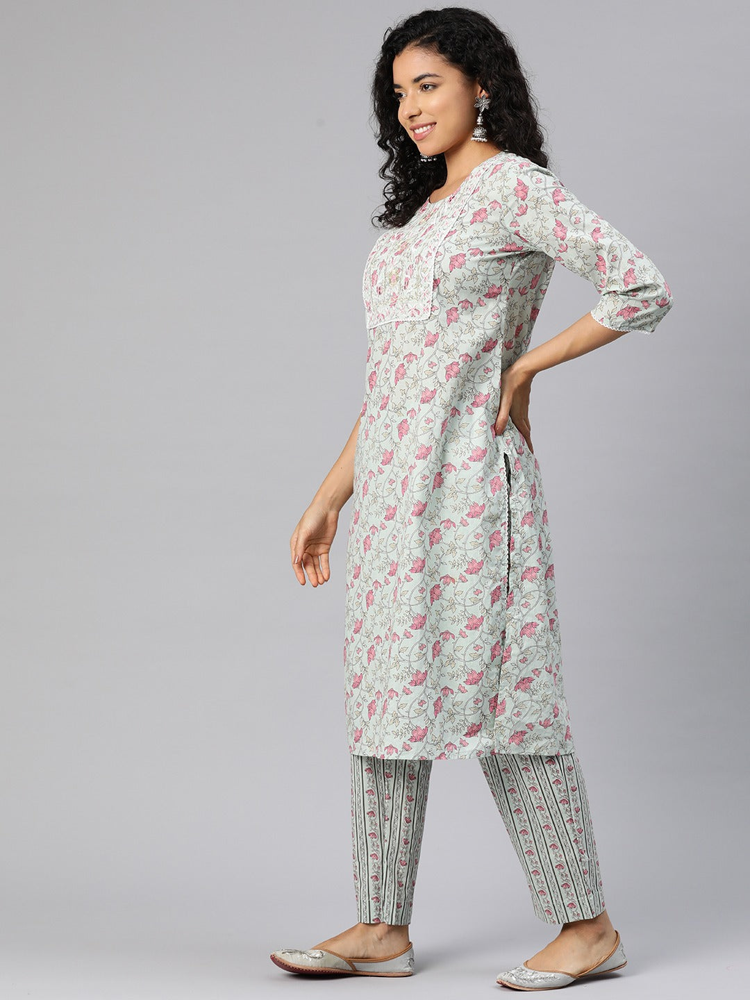 Straight Style Cotton Fabric Green Color Kurta And Bottom