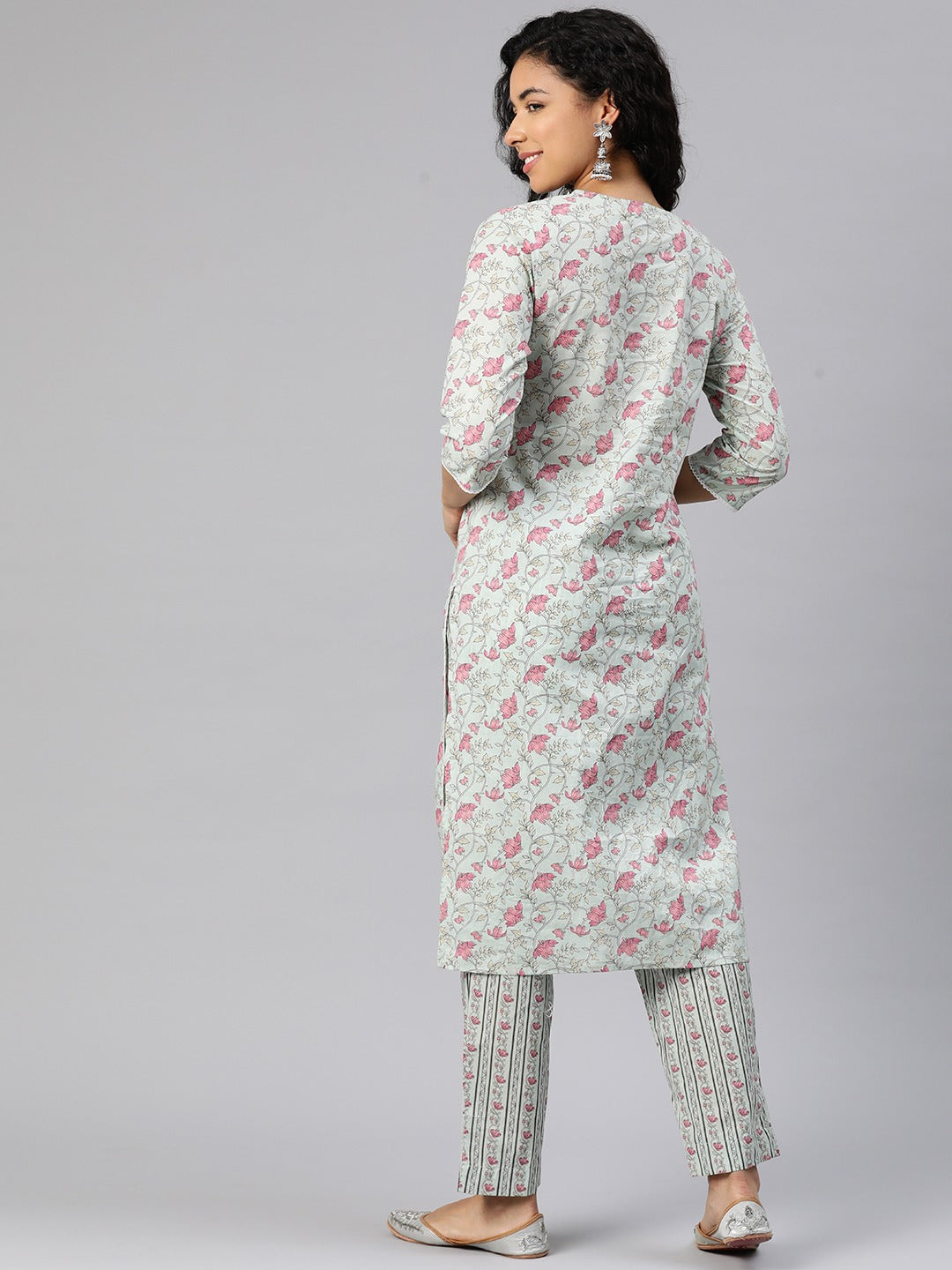 Straight Style Cotton Fabric Green Color Kurta And Bottom