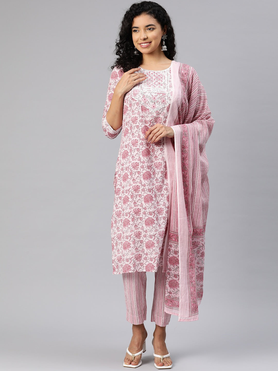 Straight Style Cotton Fabric Pink Color Kurta And Bottom With Dupatta