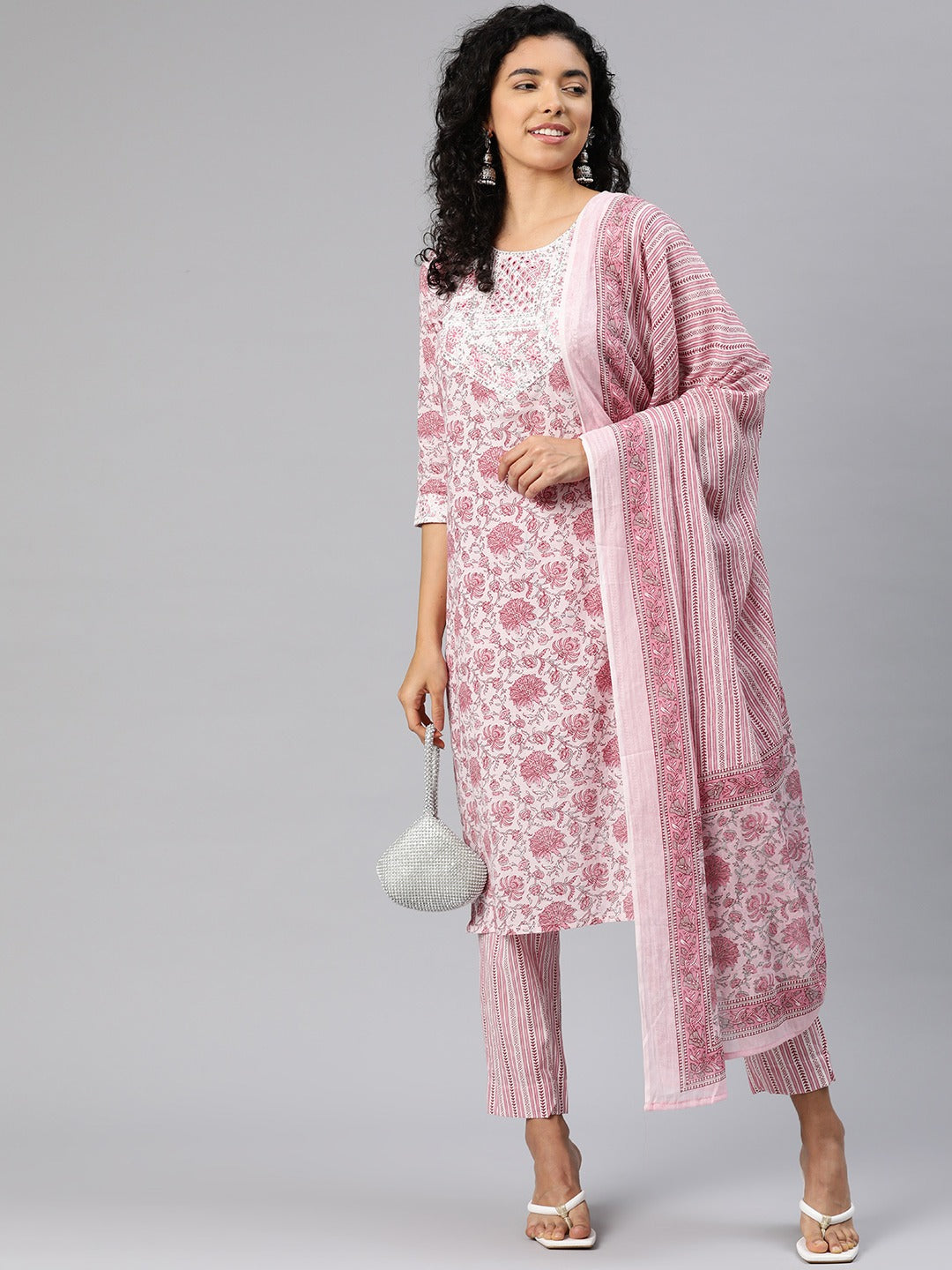 Straight Style Cotton Fabric Pink Color Kurta And Bottom With Dupatta