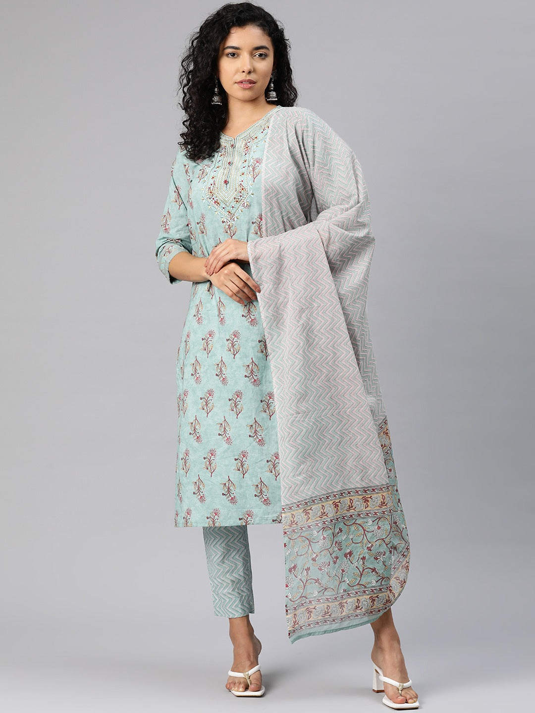 Straight Style Cotton Fabric Green Color Kurta And Bottom With Dupatta