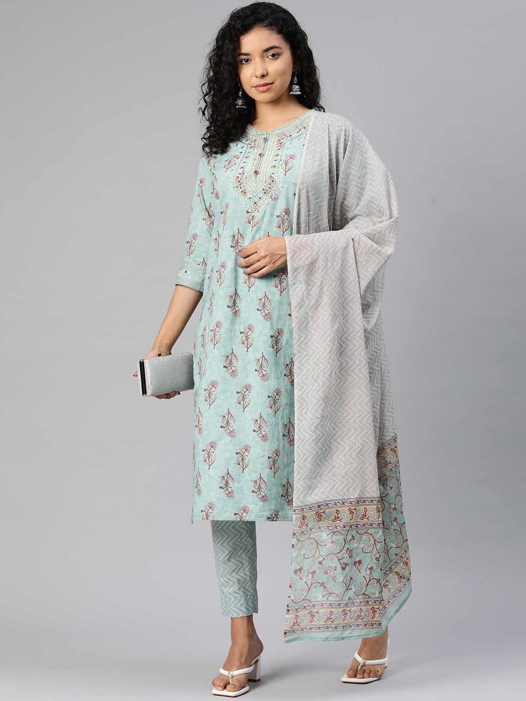 Straight Style Cotton Fabric Green Color Kurta And Bottom With Dupatta