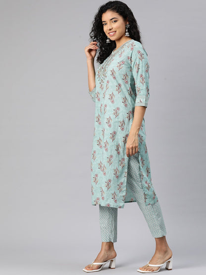 Straight Style Cotton Fabric Green Color Kurta And Bottom With Dupatta