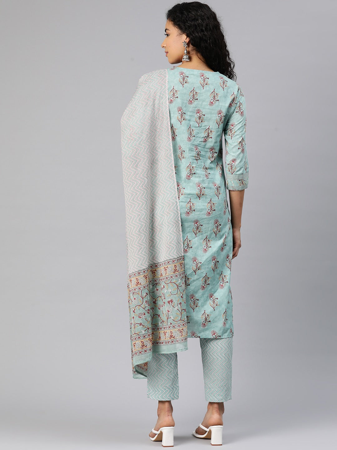 Straight Style Cotton Fabric Green Color Kurta And Bottom With Dupatta