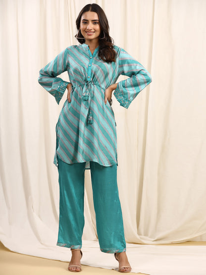 Straight Style Silk Fabric Green Color Kurta And Bottom