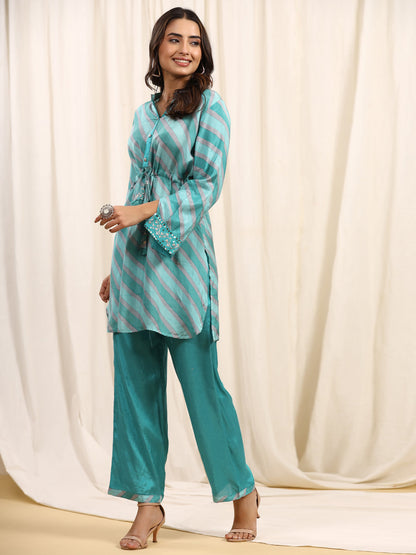 Straight Style Silk Fabric Green Color Kurta And Bottom