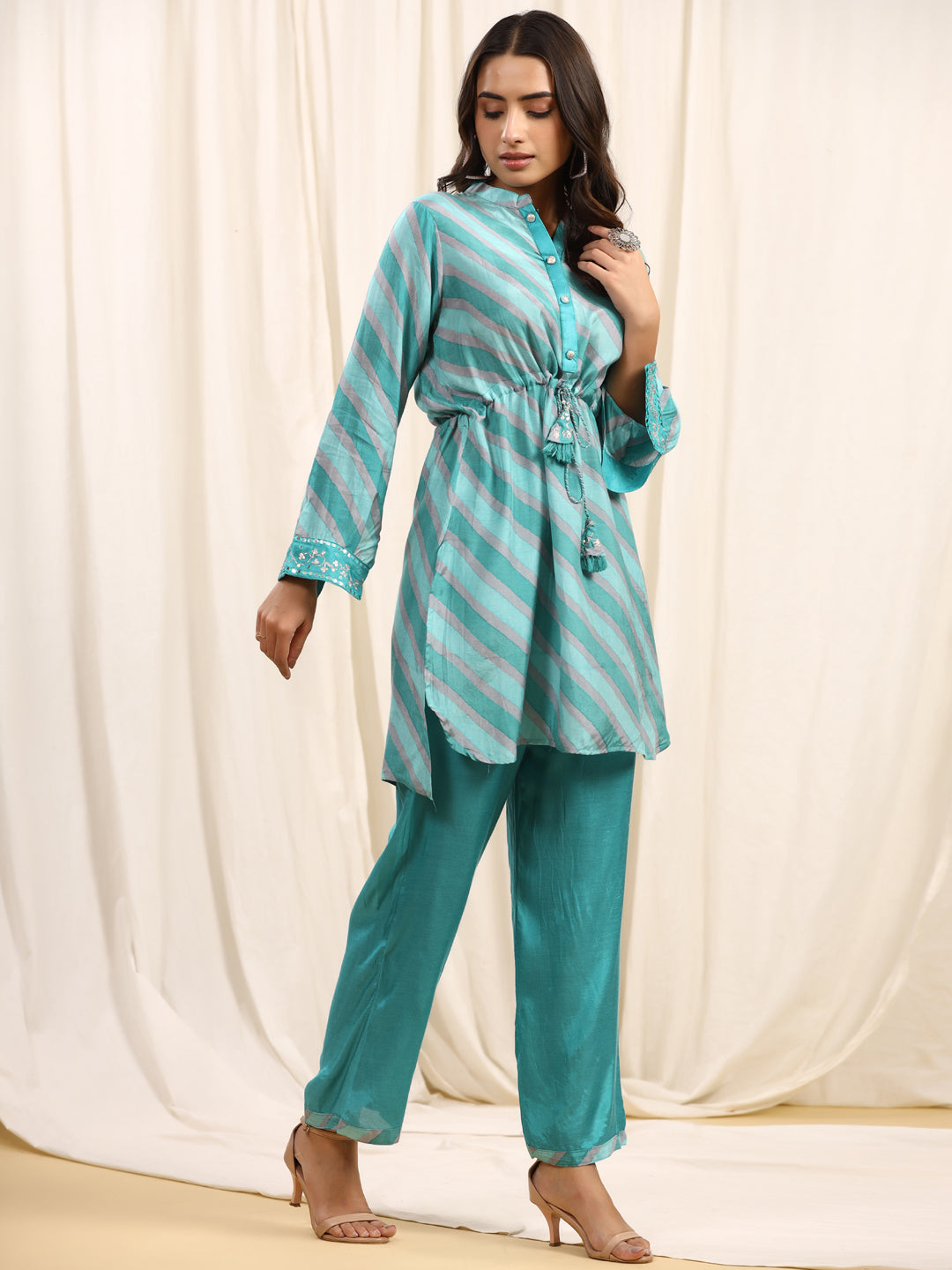 Straight Style Silk Fabric Green Color Kurta And Bottom