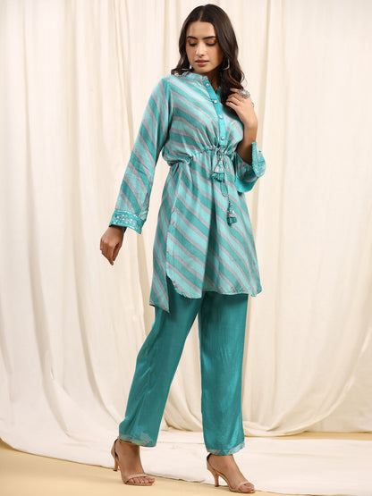 Straight Style Silk Fabric Green Color Kurta And Bottom