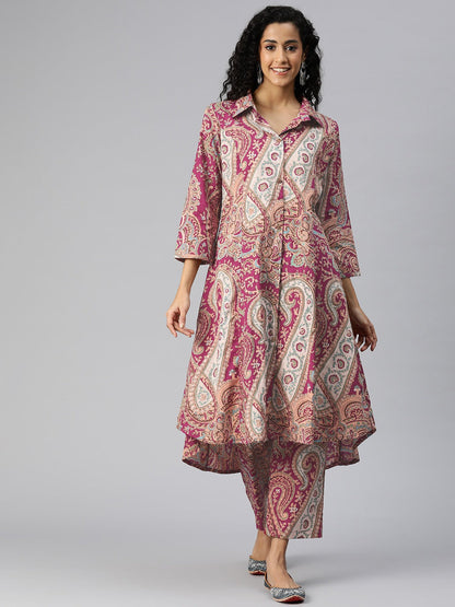 A Line Style Cotton Fabric Purple Color Kurta And Bottom