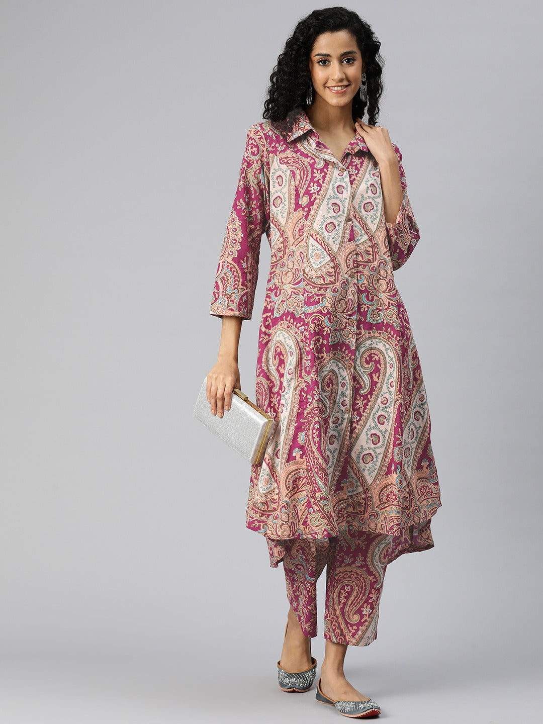 A Line Style Cotton Fabric Purple Color Kurta And Bottom