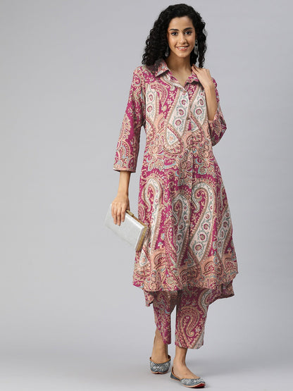A Line Style Cotton Fabric Purple Color Kurta And Bottom