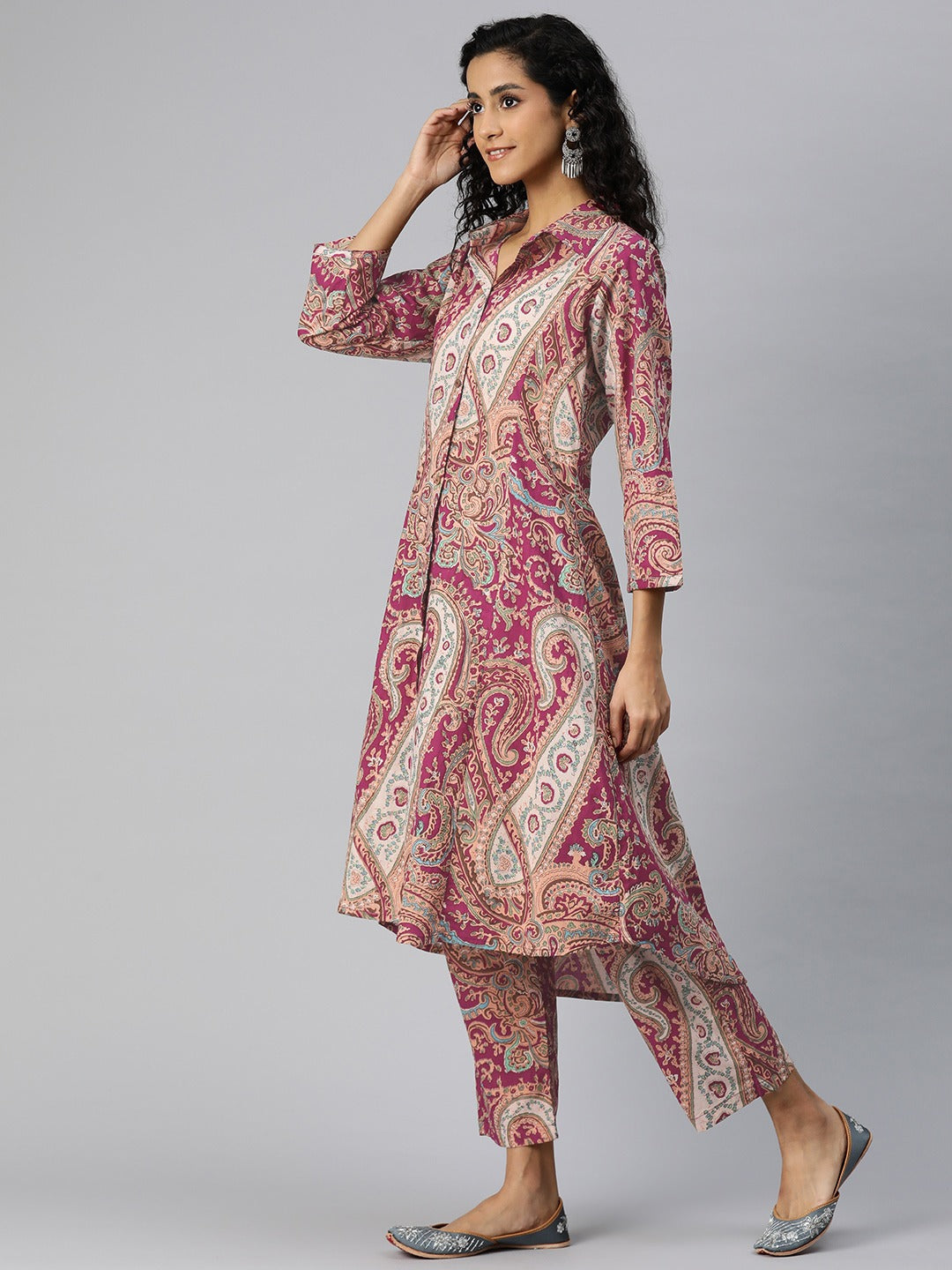 A Line Style Cotton Fabric Purple Color Kurta And Bottom