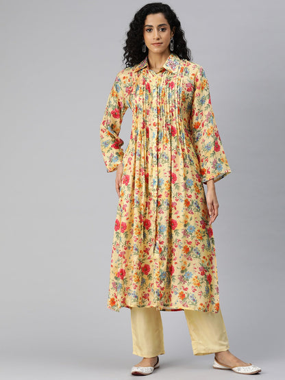 A Line Style Silk Fabric Yellow Color Kurta And Bottom