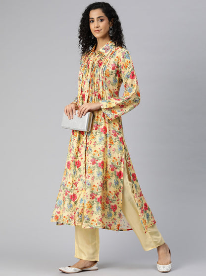 A Line Style Silk Fabric Yellow Color Kurta And Bottom