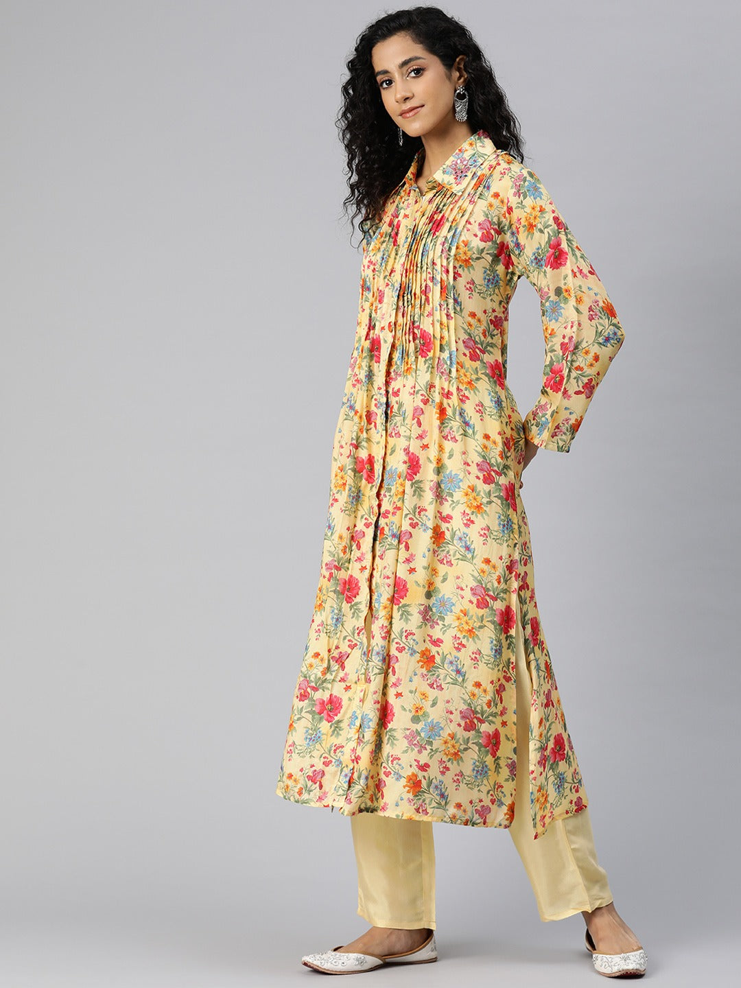 A Line Style Silk Fabric Yellow Color Kurta And Bottom