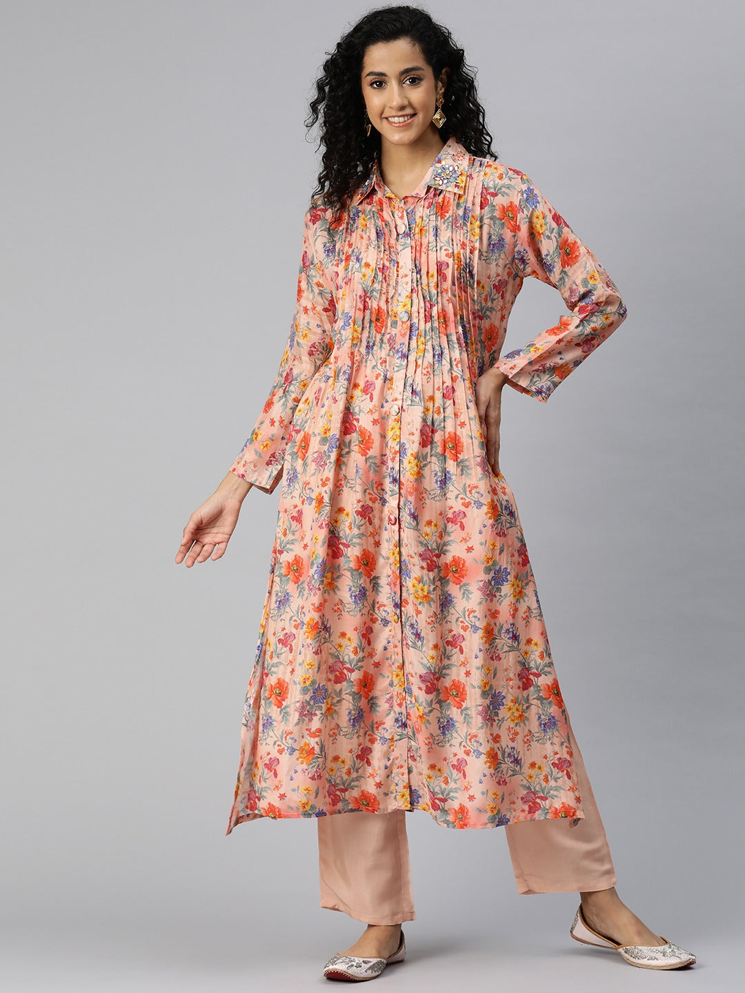 A Line Style Silk Fabric Pink Color Kurta And Bottom