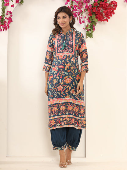 Straight Style Silk Fabric Blue Color Kurta And Bottom