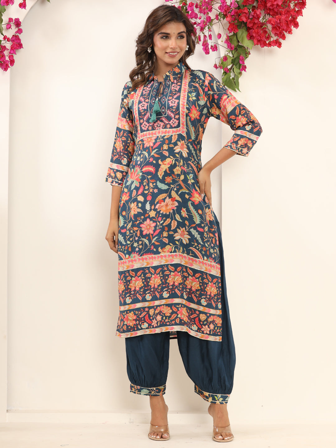 Straight Style Silk Fabric Blue Color Kurta And Bottom
