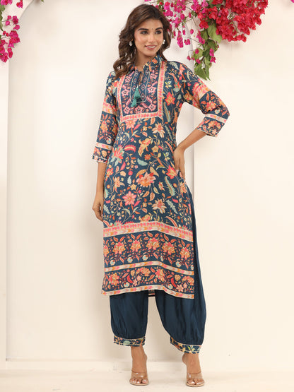 Straight Style Silk Fabric Blue Color Kurta And Bottom