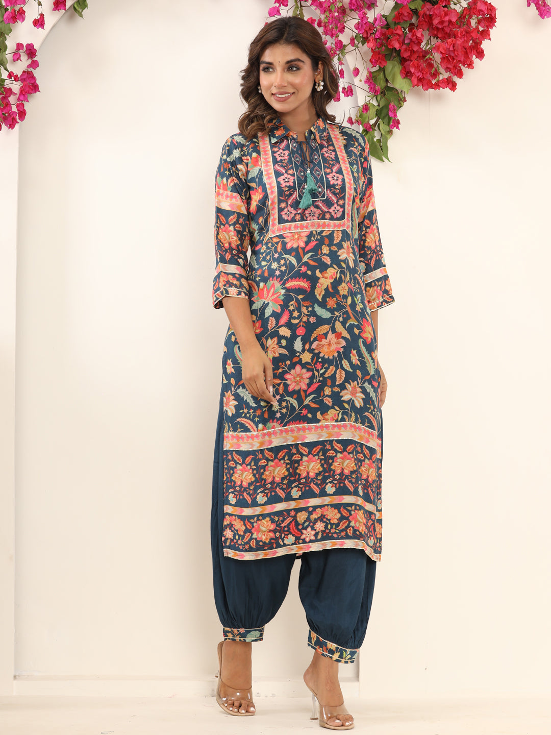 Straight Style Silk Fabric Blue Color Kurta And Bottom
