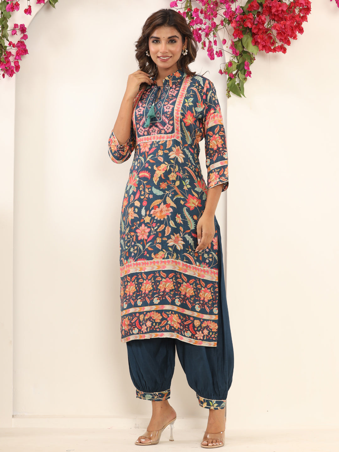 Straight Style Silk Fabric Blue Color Kurta And Bottom