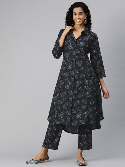 A Line Style Cotton Fabric Black Color Kurta And Bottom