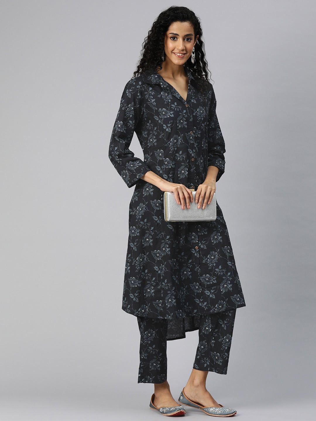 A Line Style Cotton Fabric Black Color Kurta And Bottom