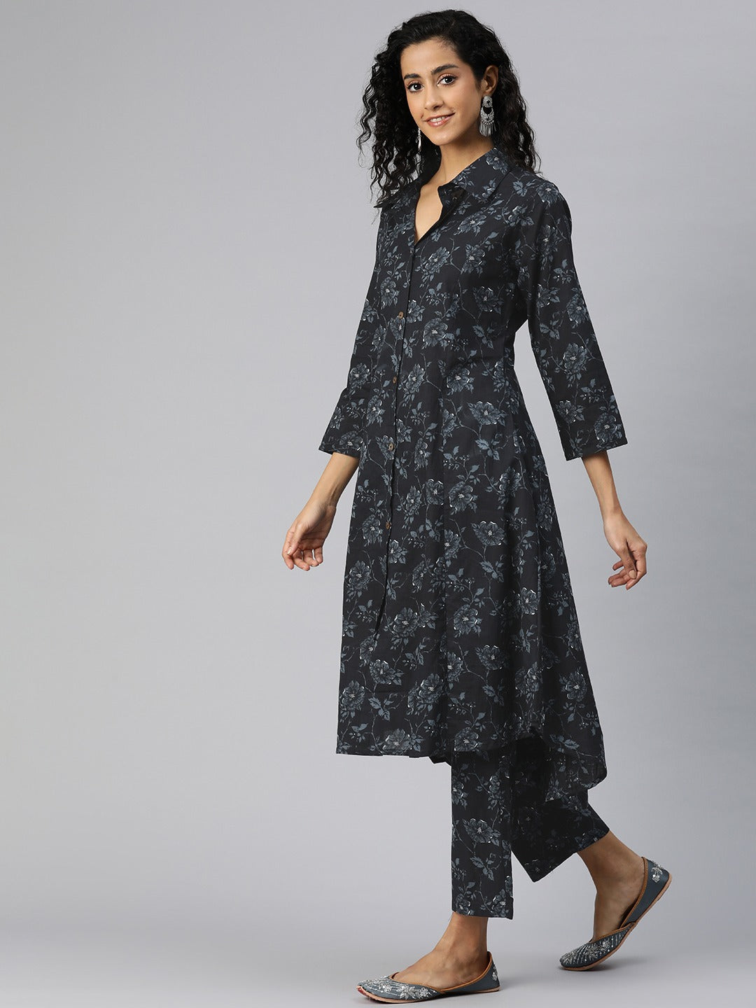 A Line Style Cotton Fabric Black Color Kurta And Bottom