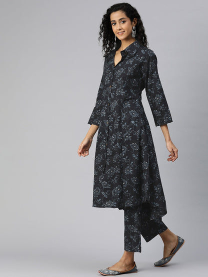 A Line Style Cotton Fabric Black Color Kurta And Bottom