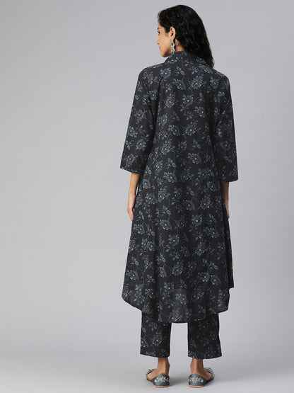 A Line Style Cotton Fabric Black Color Kurta And Bottom