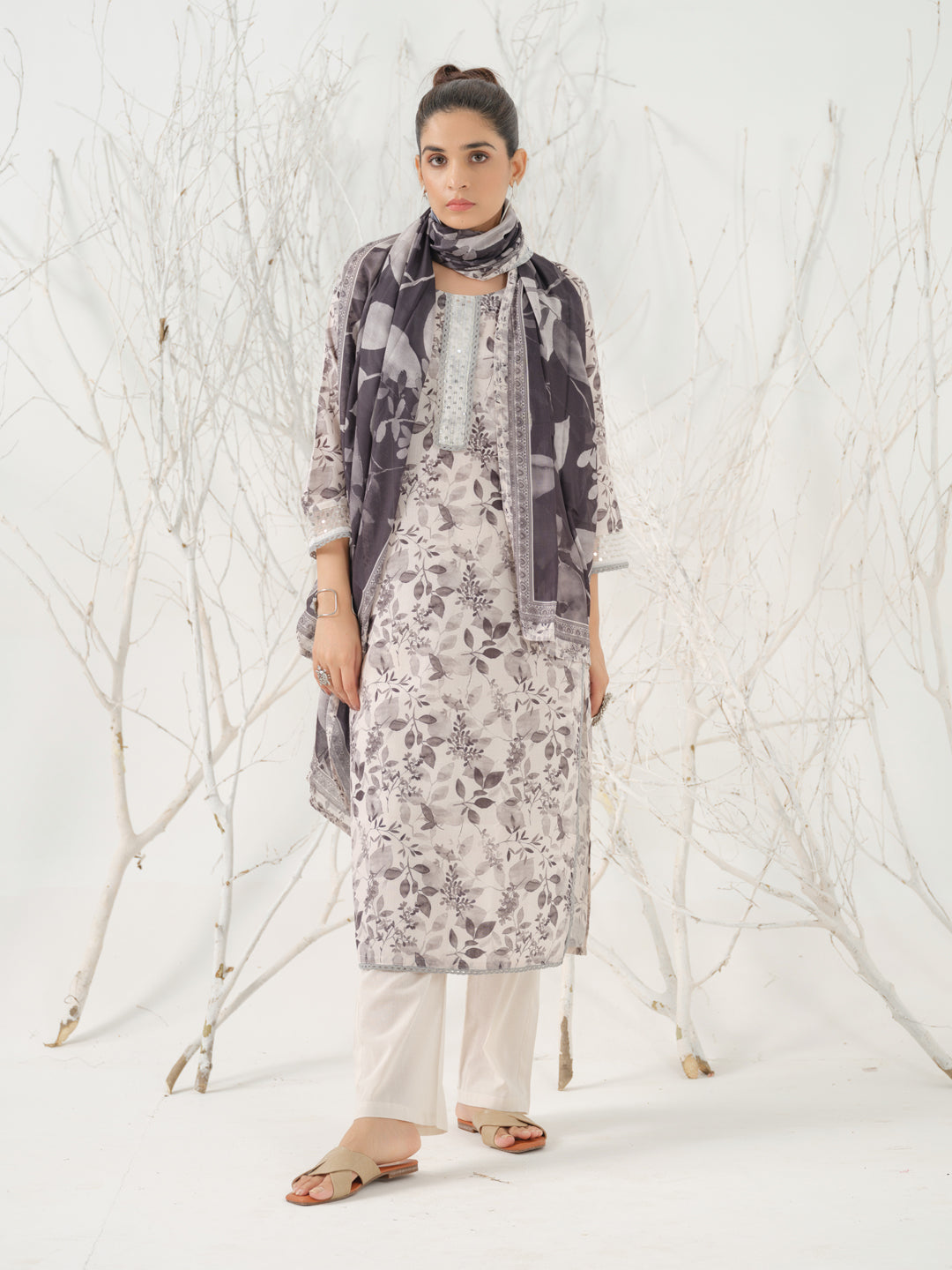 Straight Style Cotton Fabric Grey Color Kurta And Bottom With Dupatta