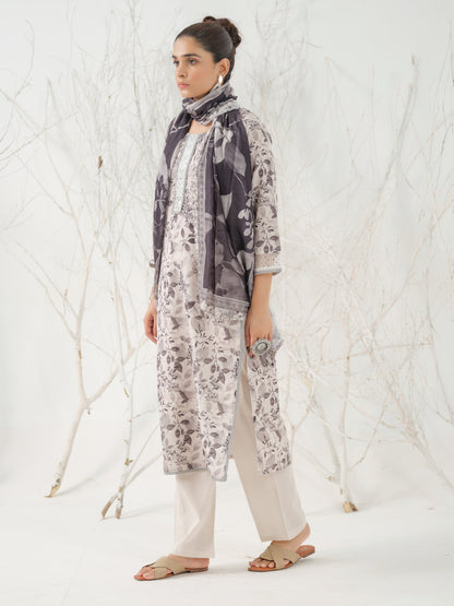 Straight Style Cotton Fabric Grey Color Kurta And Bottom With Dupatta