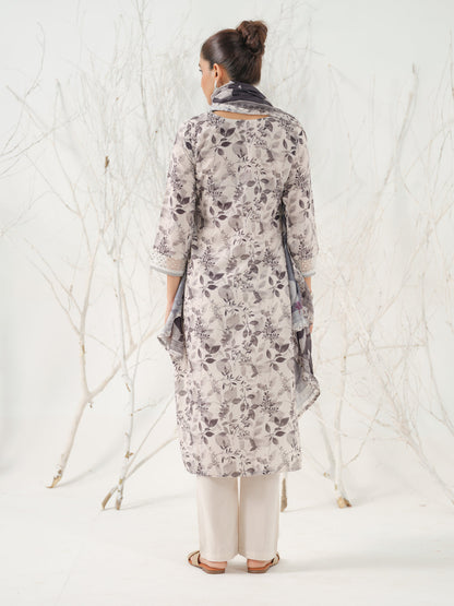 Straight Style Cotton Fabric Grey Color Kurta And Bottom With Dupatta