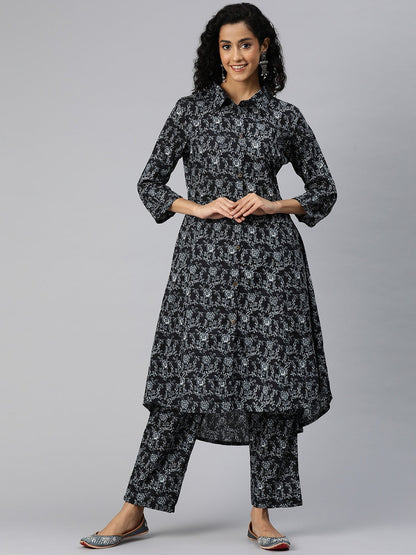 A Line Style Cotton Fabric Black Color Co-Ord Set